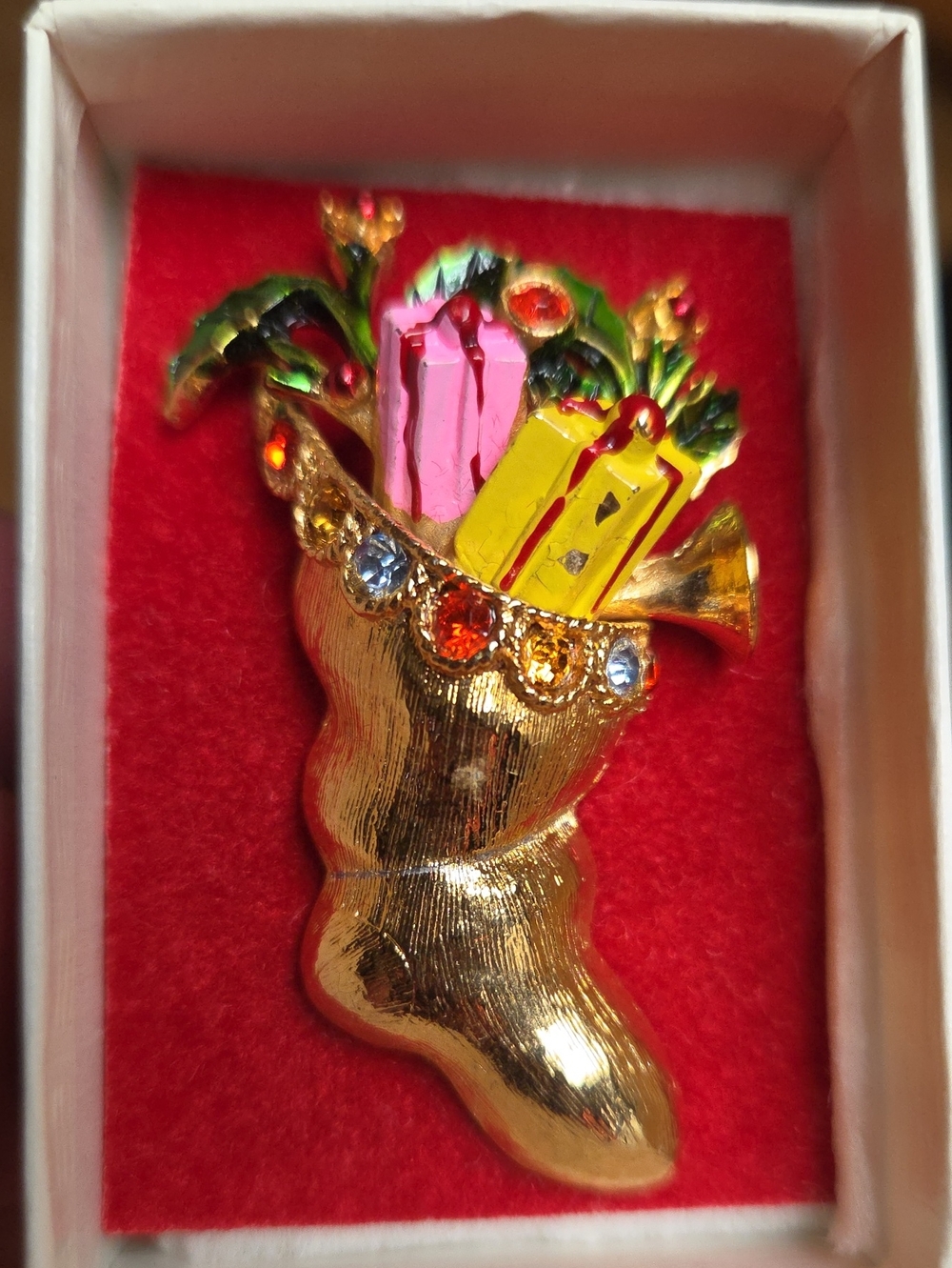 Gold Tone Christmas Stocking Brooch